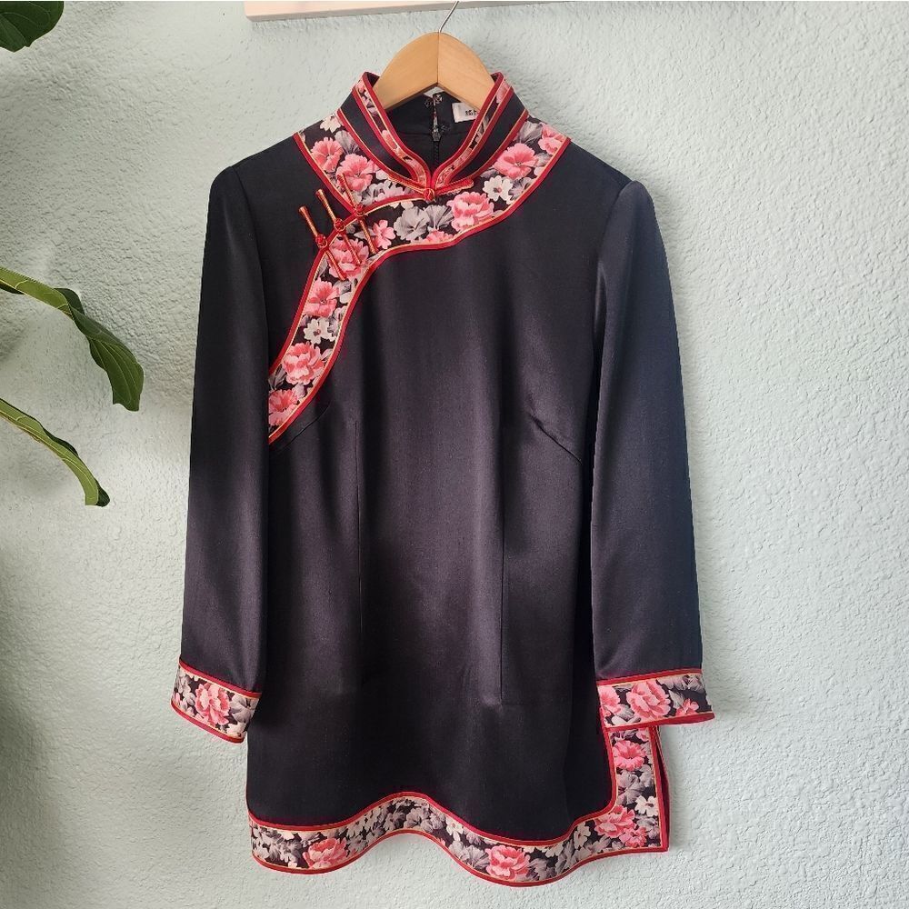 Black Tunic Top with Pink Floral Trim - Elegant Mandarin Style